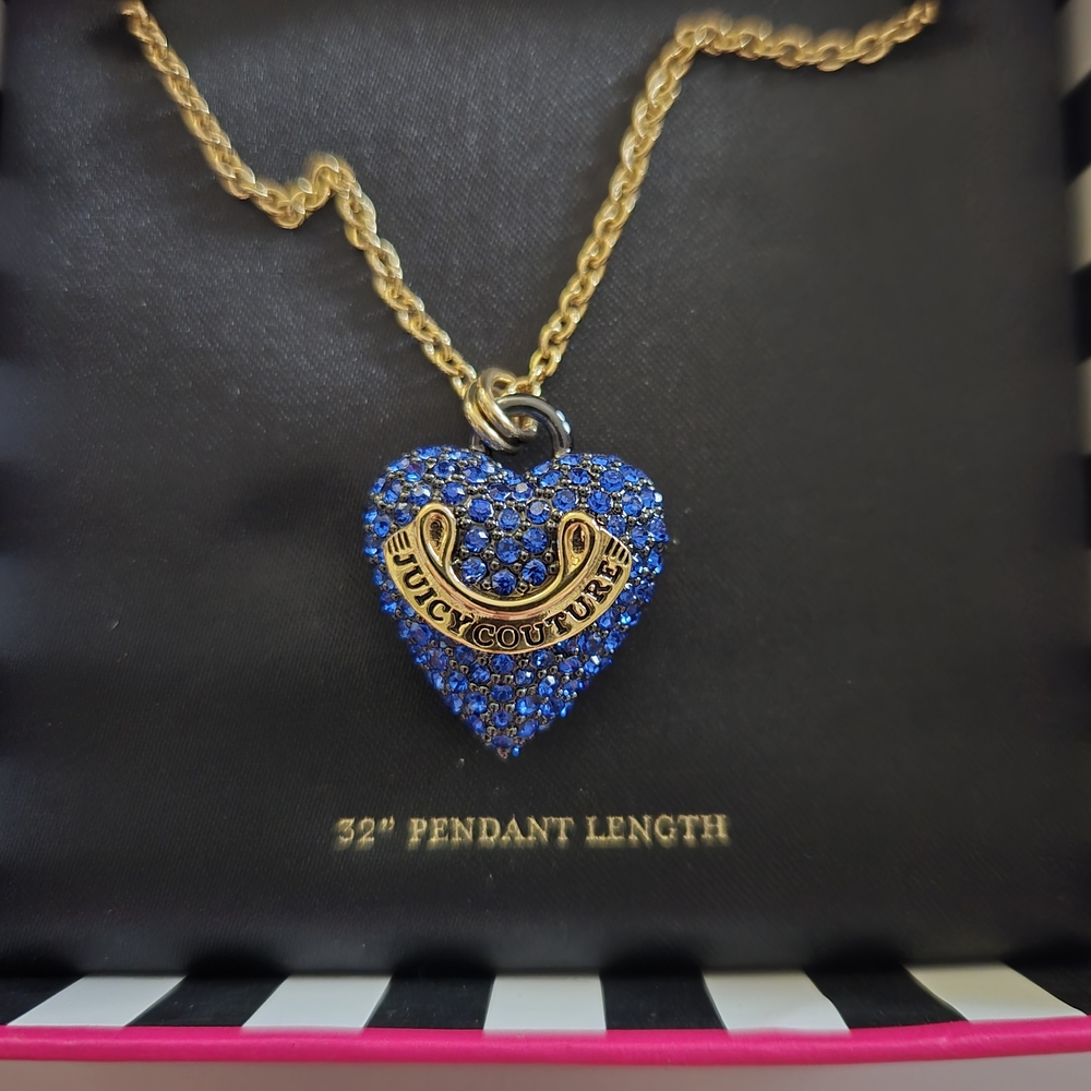 Juicy Couture Gold Chain Necklace with Blue Crystal Heart Pendant